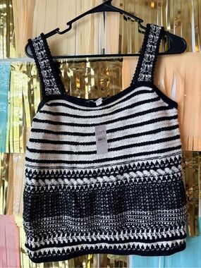 LOFT Black and Ivory Striped Knit Tank with Patterned Hem
